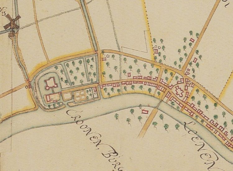 Loenen rond 1660, de bebouwing beperkte zich tot de huidige Dorpsstraat, aan de zuidzijde begrensd door kasteel Kronenburg, aan de noordzijde door de korenmolen.
