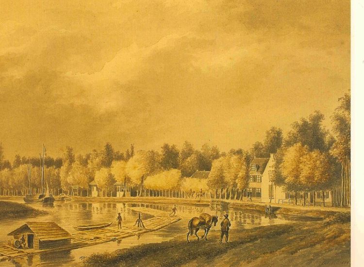 Een houtvlot vaart over de Vecht. Litho van P.J. Lutgers, ca. 1840.