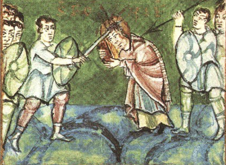 De moord op Bonifatius in 754, miniatuur uit het Sacramentarium van Fulda, ca. 975.