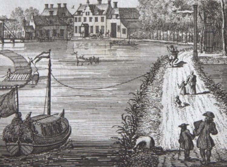Een trekschuit langs het jaagpad bij Nieuwersluis. Detail van de prent vanOuderhoek uit De Zegepralende Vecht, 1719.