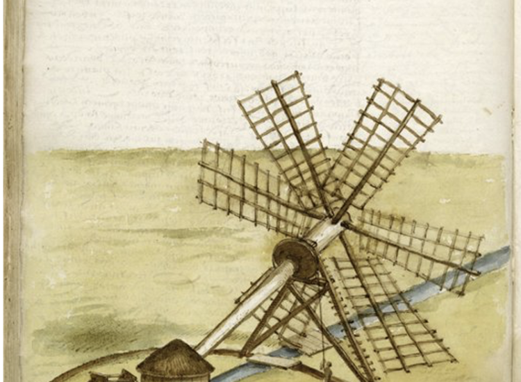 Tekening van een 16de-eeuwse windmolen. Door deze uitvinding kon de waterhuishouding beter gereguleerd worden. 