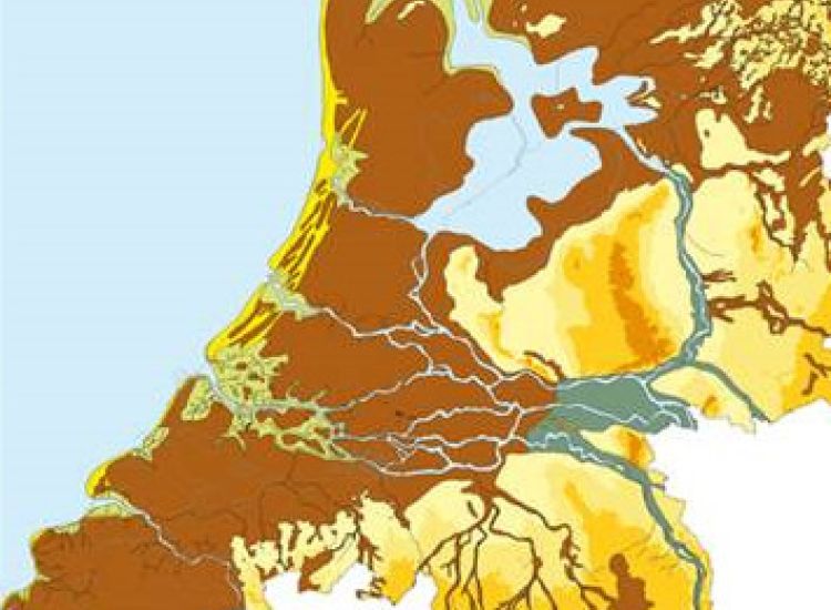 De zandgronden ten oosten van de Vecht (geel) en het veenlandschap (bruin) zijn goed te zien op deze kaart uit het jaar 50 na Chr.