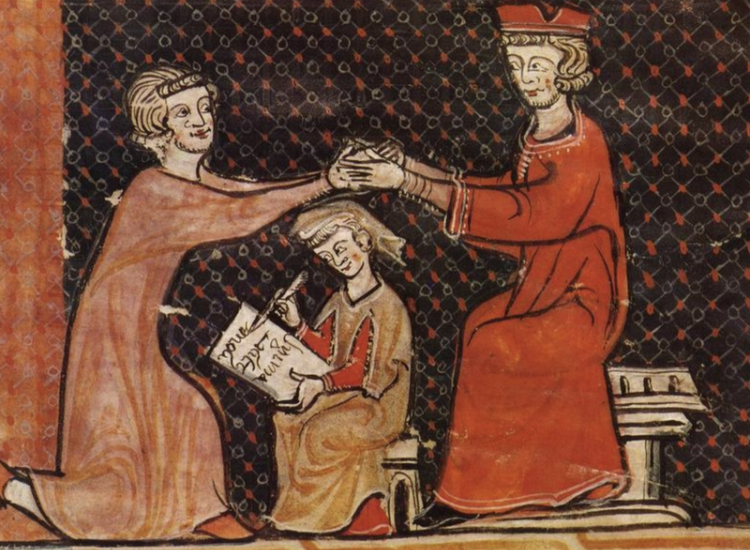 middeleeuwse miniatuur met vastlegging contract leenheer en leenman, acta historiae 22