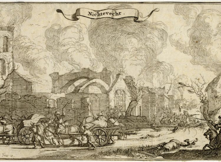 Nigtevecht verwoest tijdens het rampjaar 1672-73. Prent van Sorious