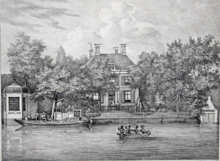Beek en Hoff met rechts een botenhuisje met het woord Fabriek. Dit was een beenderzwartfabriek. Litho P.J. Lutgers, circa 1640.