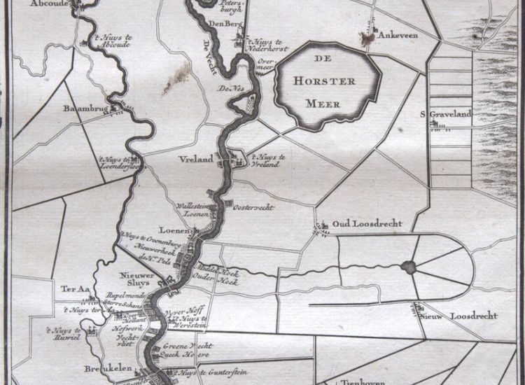 Prent uit de Zegepralende Vecht, 1719, met de loop van de Vecht en de Angstel en de buitenplaatsen