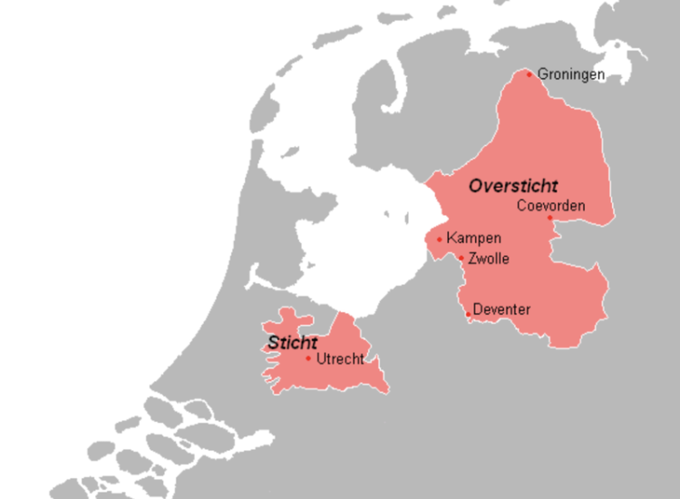 Het Nedersticht en het Oversticht, vallend onder de wereldlijke macht van de bisschop van Utrecht. Afb. Wikipedia.