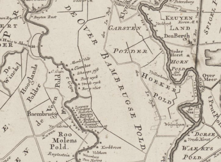 Ook langs de Angstel lagen veel buitenplaatsen. Detail kaart Amstelland, 1749